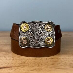 Nocona Mens 32 Belt Buckle 12 Gauge Shotgun Shells Whitetail Deer Skull Filigree